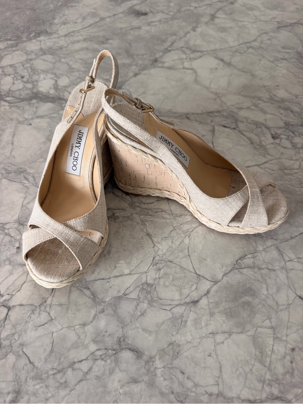 Jimmy Choo Neutral Linen Slingback Wedge Sandals